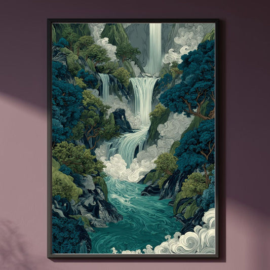 Japanese Waterfall Wall Art Printable Zen Nature Poster | Instant Download | Japanese Landscape Art | Minimalist Home Décor